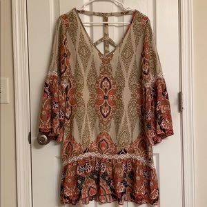 Umgee Beige Red Boho Print Dress Lace Trim Bell Sleeves Cotton-blend Size Small
